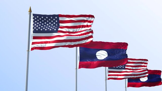 A Row Of United States And Laos Flag