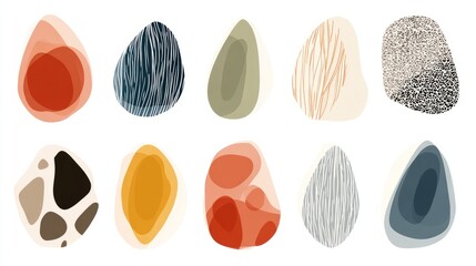 Boho style organic blob shapes vector illustration set featuring abstract modern forms, liquid drops, geometric stains, and isolated elements for creative design, print, and artistic projects on white