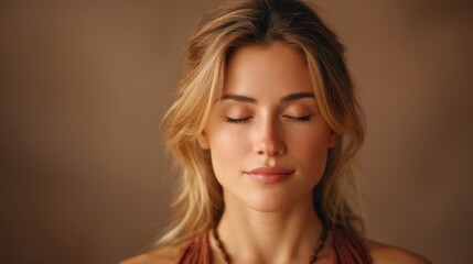 Serene Young Woman in Natural Light with Closed Eyes, Embracing Calmness and Tranquility in a Soft, Earthy Toned Setting for Spa and Wellness Themes