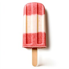 A vibrant frozen treat with layers of strawberry and cream showcased on a wooden stick, ideal for summer promotions, dessert menus, or casual dining settings