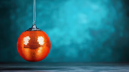 A vibrant orange disco ball hangs against a soft turquoise background, perfect for designs related to parties, nightlife, or celebrations, This image can enhance event promotions or decor ideas,