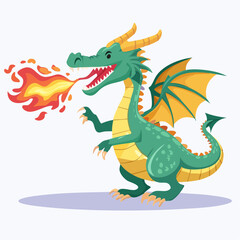 Cartoon Green Dragon Breathes Fire.