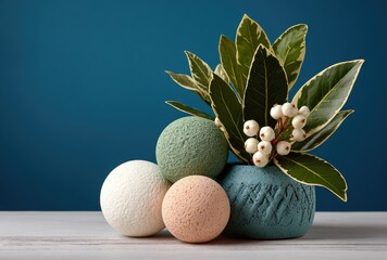 Decorative arrangement with textured spheres and greenery