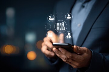 Close-up of person in suit using smartphone, various business icons hovering