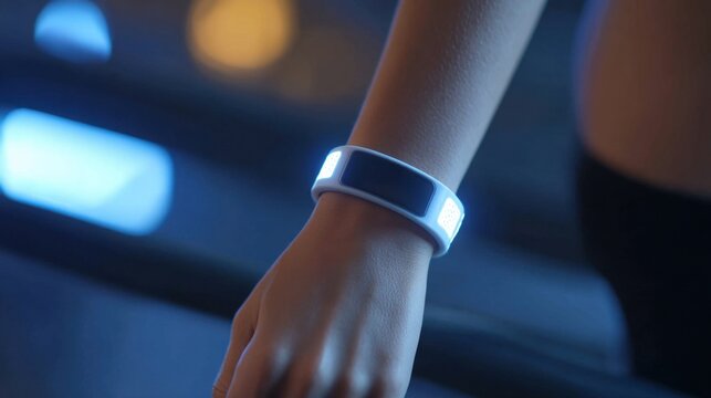 Smart fitness tracker on wrist with bright screen, showcasing modern technology for health and activity tracking in stylish design during workout session - Powered by Adobe