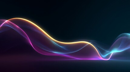 Vibrant neon-like wavy lines in pink, blue, yellow, and purple contrast sharply against a dark black background,