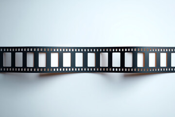 A black photographic film strip with several empty frames evenly spaced along its length.