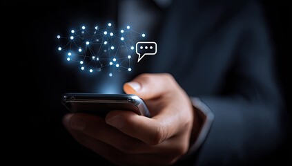 Hand holding phone, glowing network, chat bubble overlay