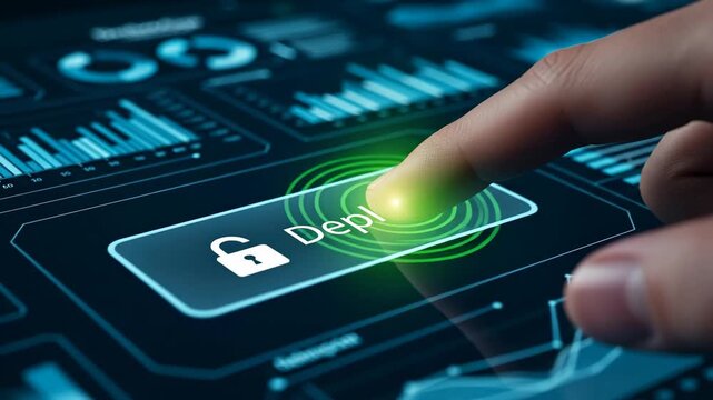 Secure Deployment Button Press - A finger presses a deploy button on a digital interface, with a security lock icon displayed, highlighting secure software deployment and DevSecOps integration.