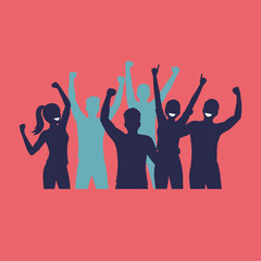 United diverse group celebrating success, achievement, or social activism with raised arms. Teamwork and community spirit.