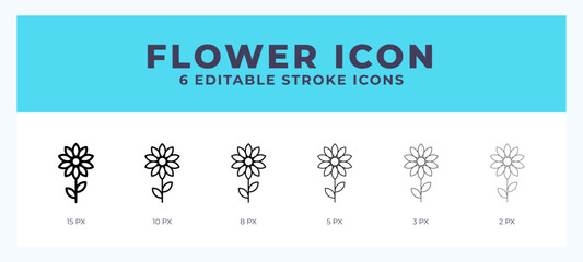 Flower icon with different stroke. Editable stroke. Vector illustration.