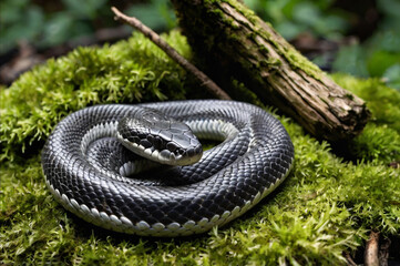 Obraz premium Coiled Black Snake with Detailed Scales on Mossy Forest Floor reptile animal