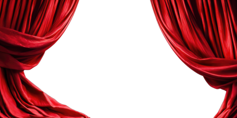 Red theater curtains open on black backdrop