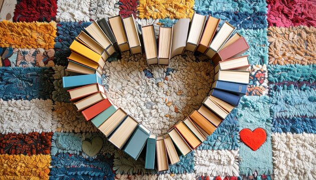 Multicultural Children&rsquo;s Books Collection Arranged in Heart Shape on Colorful Rug for Diversity Celebration