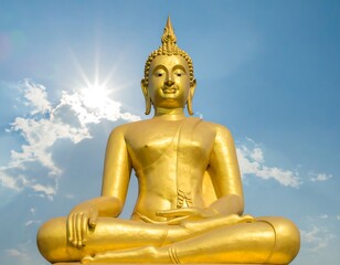 A large, golden Buddha statue sits in serene contemplation against a backdrop of a vibrant blue sky dotted with fluffy white clouds, bathed in sunlight.