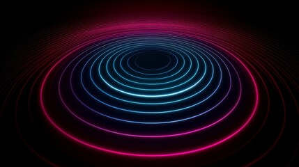 Concentric rings glow in blue and pink hues against a dark background,