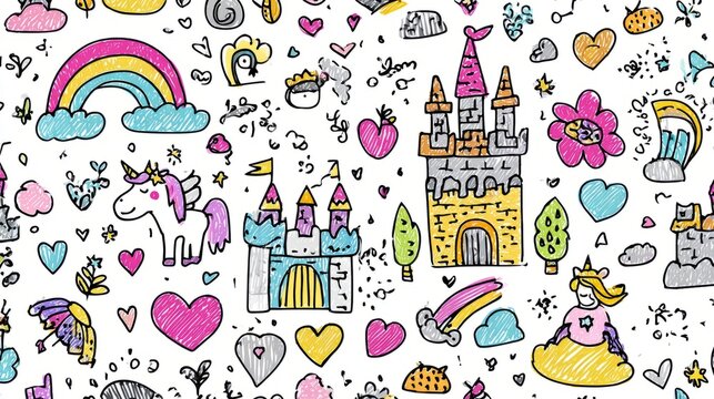Seamless childlike pattern with hand drawn crayon fairy, unicorn, rainbow, and castle illustration, cute kids doodle background featuring colorful magical elements and whimsical fantasy design for nur