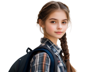  young female student with a backpack, isolated on a transparent background
