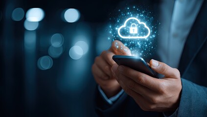 Close-up of hands holding a smartphone, a glowing cloud icon with a padlock appears over the screen