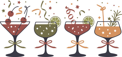 This image features a vibrant selection of four festive cocktails, each adorned with garnishes and decorative elements.