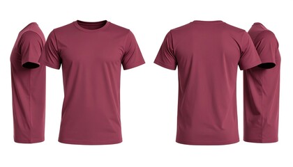 A deep maroon t-shirt is displayed from multiple angles, showcasing its clean lines and simple design.