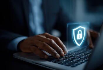 Close-up of person's hands typing on laptop, holographic shield and lock graphic overlay