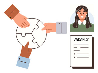 Team hands assembling puzzle, candidate portrait, job application form. Ideal for recruitment, hiring, teamwork, career building, collaboration problem-solving job search. Simple flat metaphor