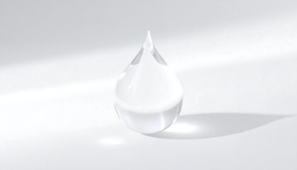 Fototapeta premium A glistening, teardrop-shaped object, seemingly glass or crystal, sits on a smooth, light surface, highlighting its transparency and subtle shadows.
