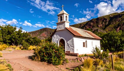 Fototapeta premium Rural whitewashed chapel in Andean mountains