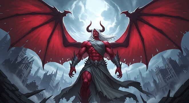 Powerful Demon Figure with Red Wings and Horns.