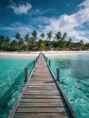 Fototapeta premium A rustic wooden pier serves as an invitation, leading the way across crystal-clear turquoise waters to a secluded tropical paradise of white sand and swaying palm trees.