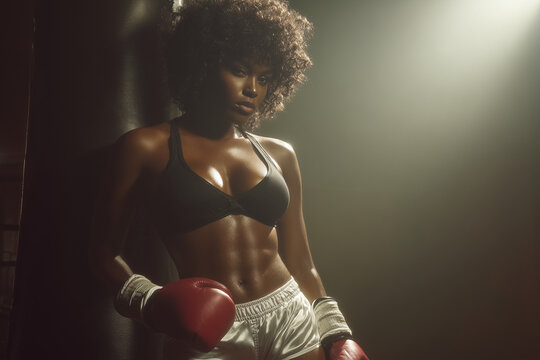 Fit african american woman with boxing gloves in a gym