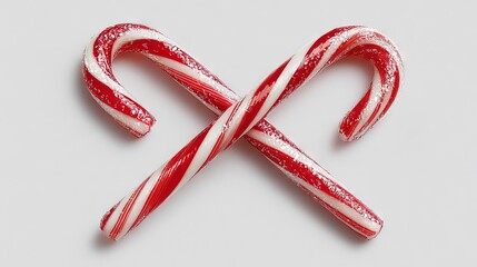 Red-and-white candy canes crossed in an X on a clean white background with copy space — festive Christmas holiday symbol, minimalist flat-lay peppermint sticks, cozy seasonal décor for greeting cards