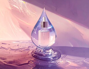 A delicate glass dropper bottle, showcasing a light, elegant product, sits within a translucent water droplet, creating a mesmerizing visual on a surface of liquid.