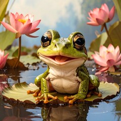A cheerful frog sits happily on a lily pad, surrounded by beautiful pink lotus flowers, bathed in soft sunlight.