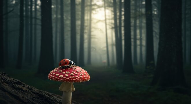Ladybug on a Mushroom in a Misty Forest