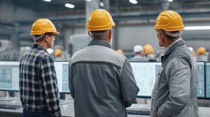 Three Professionals Wearing Hard Hats Observe Digital Displays in Modern Factory Environment, Engaged in Industrial Operations and Workflow Monitoring