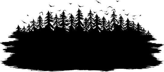 Halloween frame or badge with fir forest and flying birds