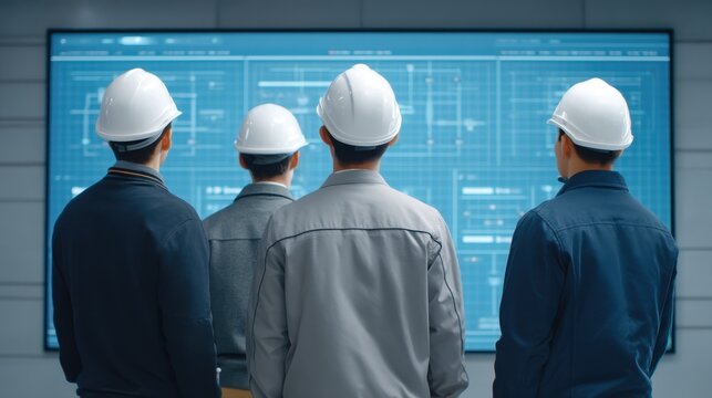 Construction Workers Analyzing Data on Large Screen in Modern Mining Facility with Hard Hats and Technical Graphics Displayed