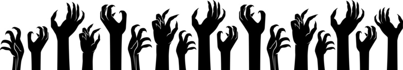 Zombies hands. Vector horizontal border. Halloween decoration.