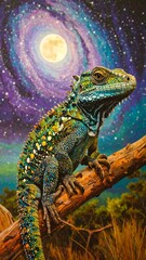 A vibrant lizard, showcasing iridescent colors against a backdrop of a cosmic, starry night sky and a full moon, exudes a mystical, magical atmosphere.