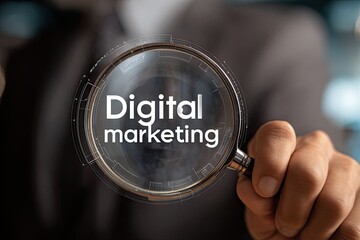 Businessperson holds magnifying glass revealing "Digital Marketing" text