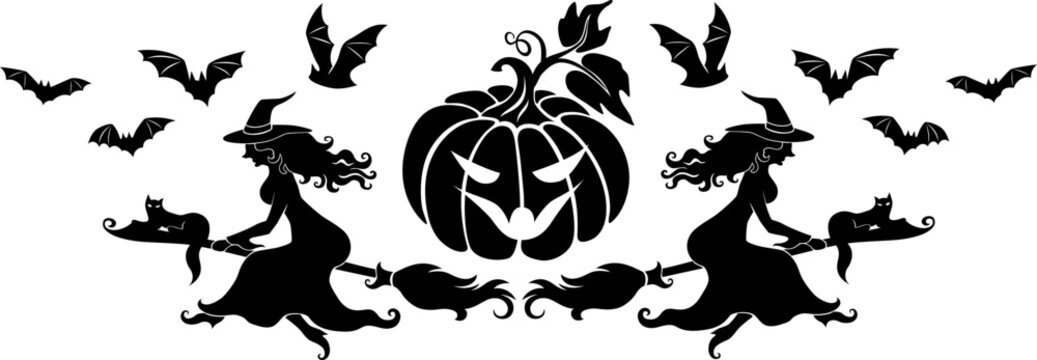 Whitch on the broom, pumpkin and flying bats. Vector horizontal border. Halloween decoration.
