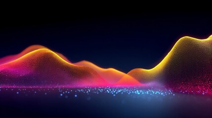 Abstract wave patterns with vibrant colors of red, orange, yellow, blue, and purple undulate against a dark background,