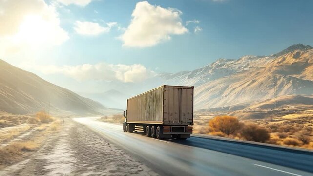 A large, light-beige semi-truck travels along a mountain road under a partly cloudy sky