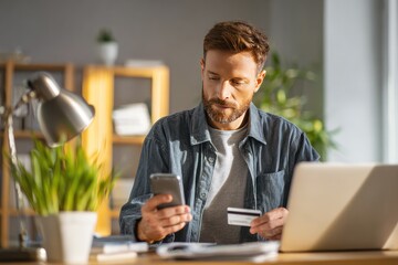 Focused man using phone and credit card at desk