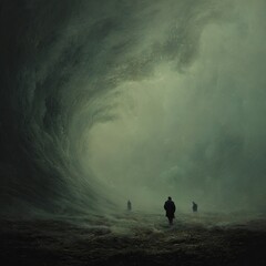 Vast, ominous wave engulfs figures in muted greys