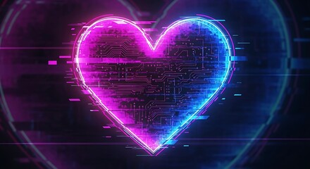 Neon heart with circuit board texture glowing with vibrant colors on dark background