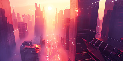 Futuristic cityscape with tall buildings receding into hazy orange sunset, purple shadows dreamy dystopian ambiance