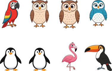 Cartoon birds vector set, parrot, owl, penguin, flamingo, toucan, colorful animal illustrations, cute wildlife clipart, children’s educational design, isolated icons